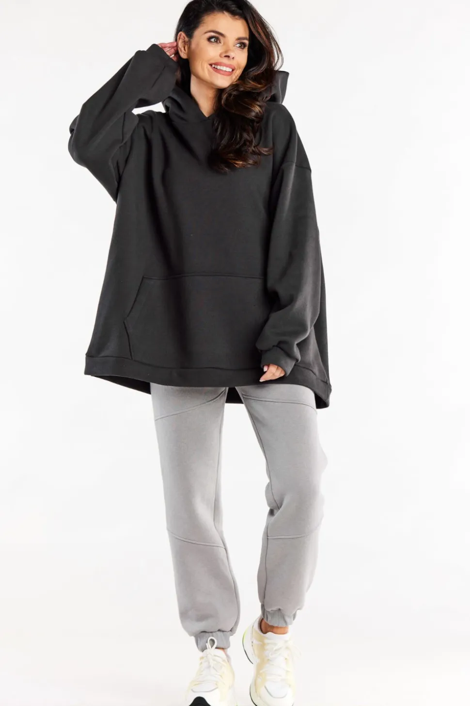 Bluza damska oversize z kapturem - grafitowa