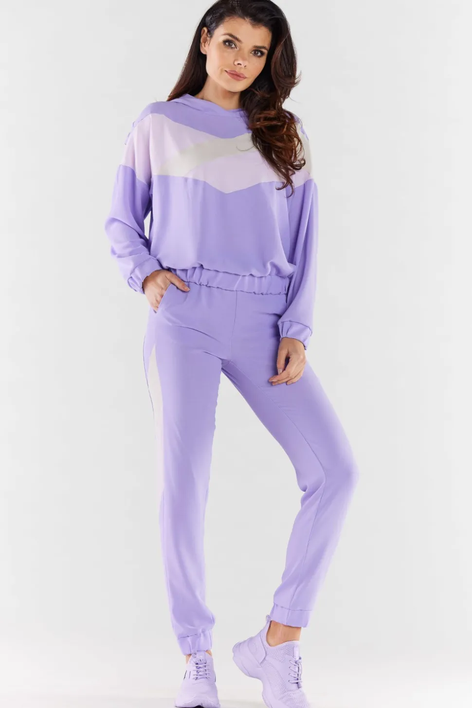 Bluza damska z kapturem - fioletowo-beżowa