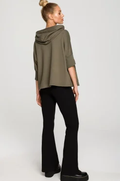 Bluza damska z kapturem i mankietami - khaki