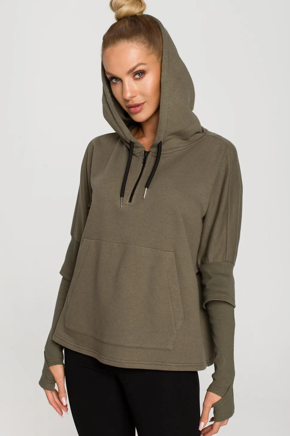 Bluza damska z kapturem i mankietami - khaki