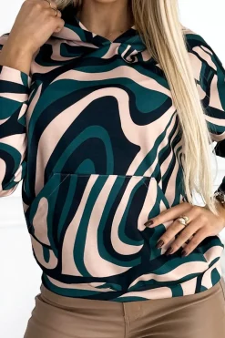 Bluza kangurka z kapturem - zielono-beżowe fale