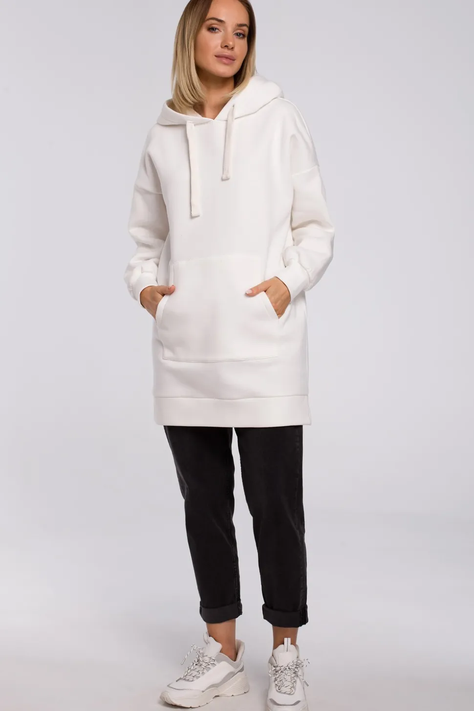 Bluza oversize z kieszenią typu kangurek - ecru