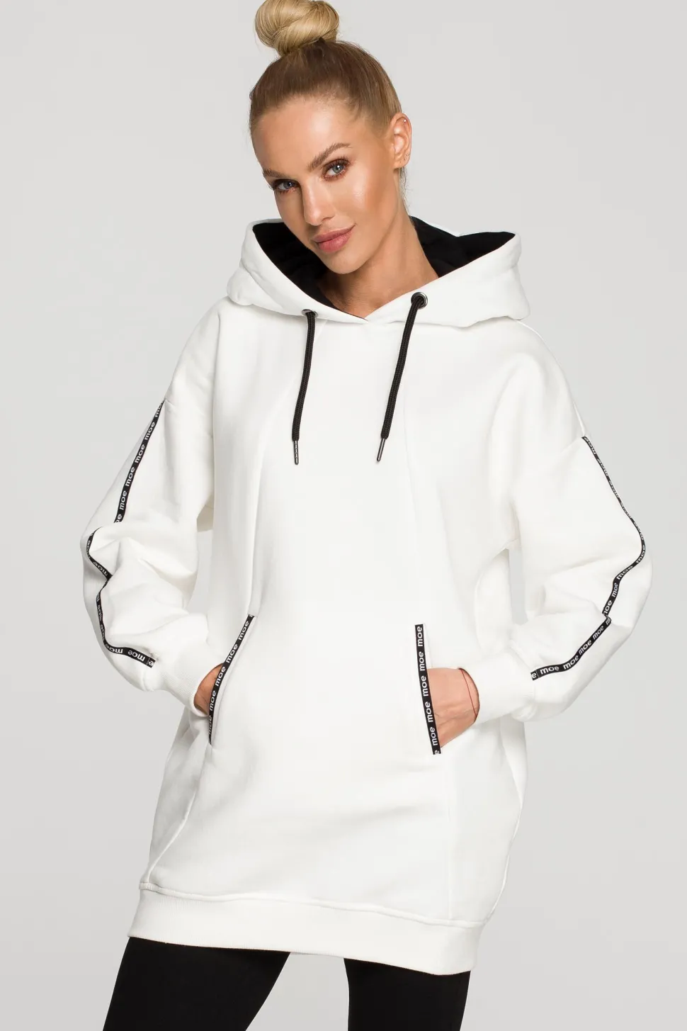 Bluza oversize z lampasami i kapturem - ecru