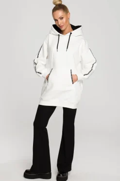 Bluza oversize z lampasami i kapturem - ecru