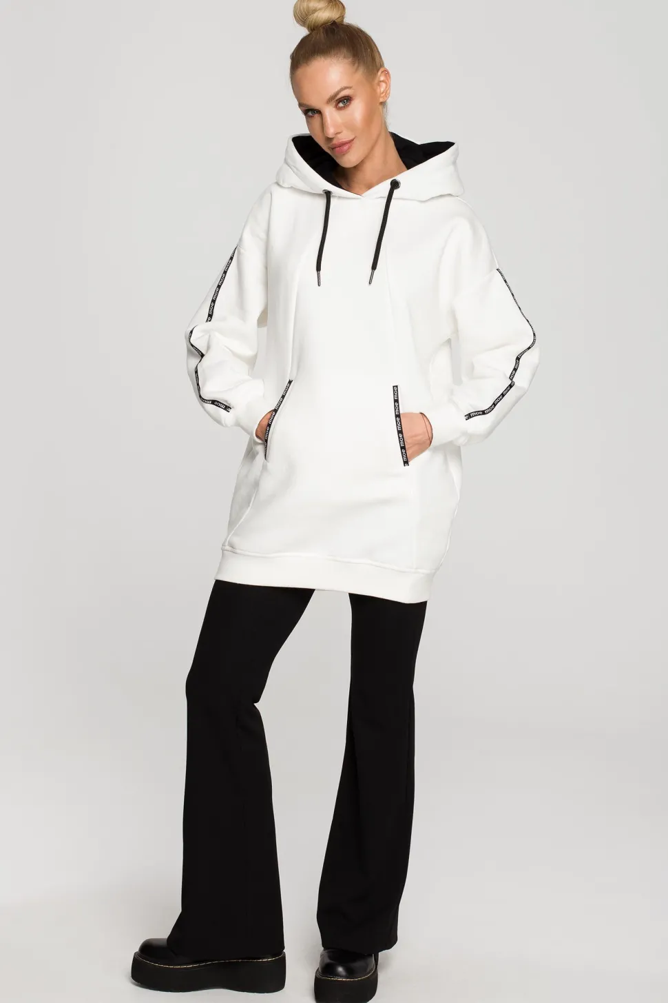 Bluza oversize z lampasami i kapturem - ecru
