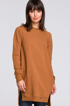 Bluza - tunika z rozcięciami po bokach i ściągaczem na dole - karmelowa