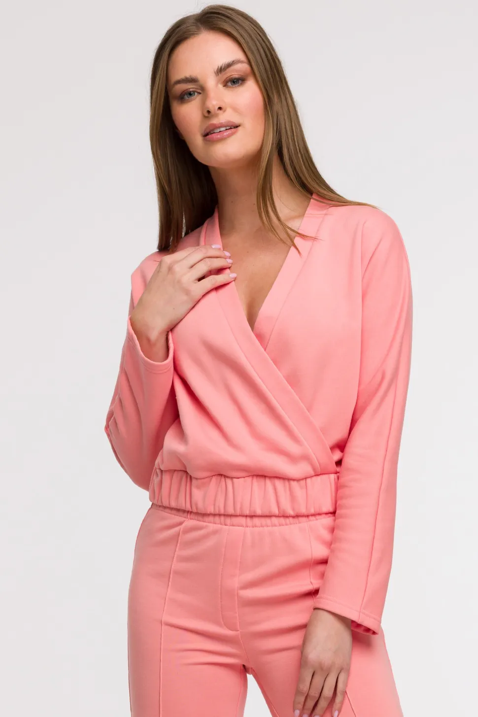 Bluza z kopertowym dekoltem - koralowa