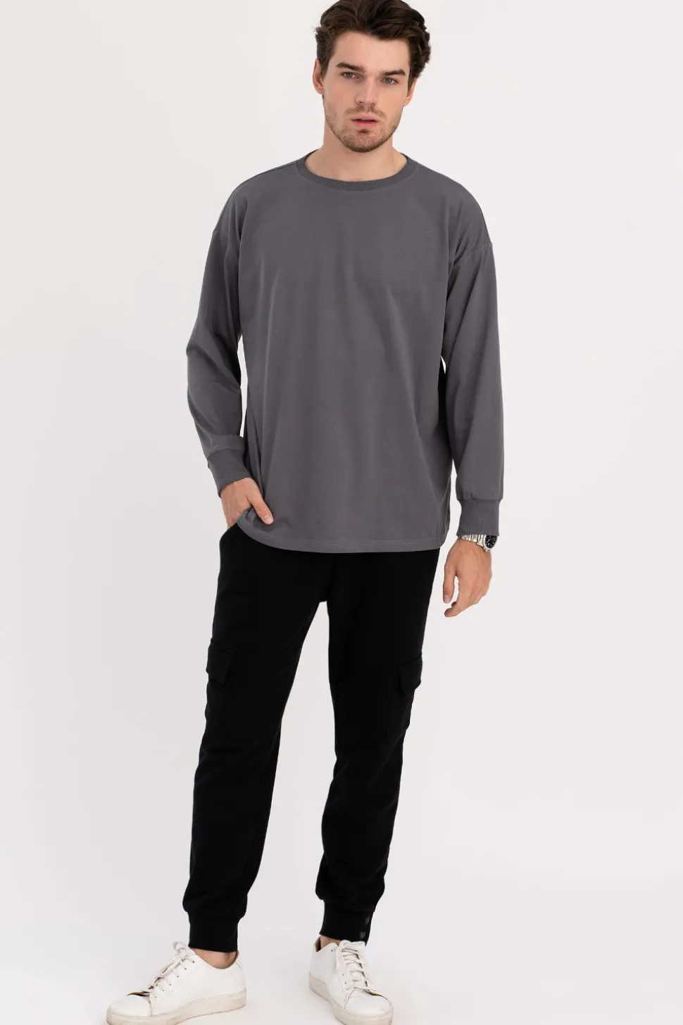 Bluzka męska longsleeve z nadrukiem - antracytowa