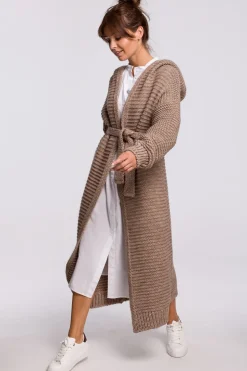 Długi kardigan z kapturem i paskiem - cappuccino