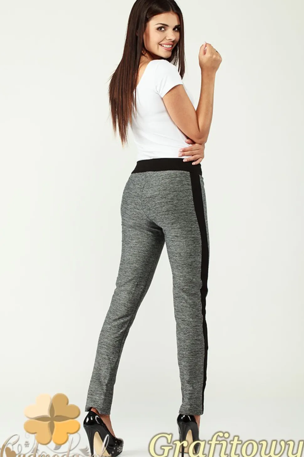 Elastyczne spodnie legginsy z lampasem - grafitowe