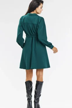 Elegancka koszulowa sukienka rozkloszowana – butelkowa zieleń