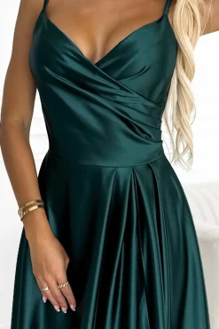 Elegancka sukienka maxi na ramiączkach - butelkowa zieleń