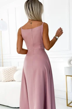 Elegancka sukienka maxi na ramiączkach - brudno-różowa