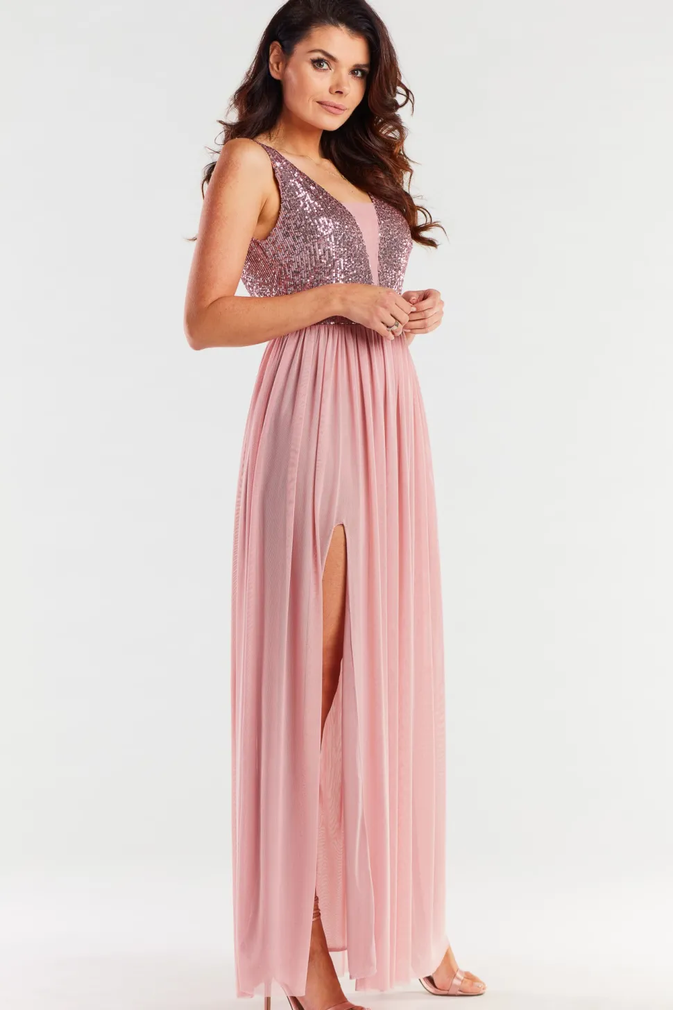 Elegancka sukienka maxi z rozcięciem - różowa