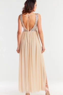 Elegancka sukienka maxi z rozcięciem - beżowa