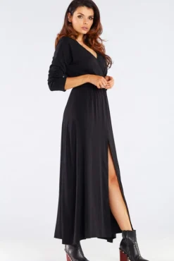 Elegancka sukienka maxi z rozcięciem - czarna
