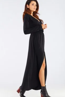 Elegancka sukienka maxi z rozcięciem - czarna