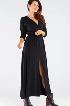 Elegancka sukienka maxi z rozcięciem - czarna
