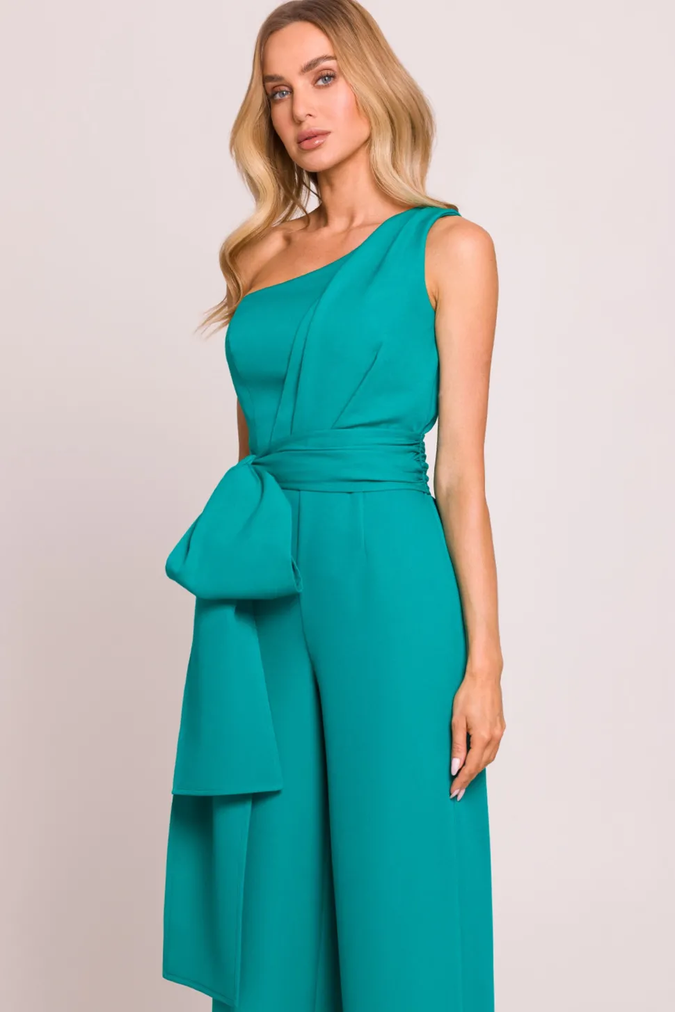 Kombinezon na jedno ramię z wiązanymi szarfami - turkusowy