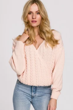 Krótki sweter na zakładkę - brzoskwiniowy