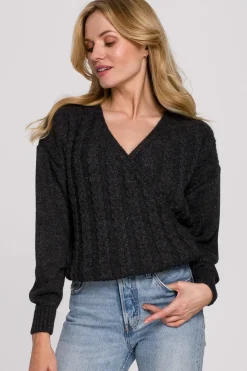 Krótki sweter na zakładkę - grafitowy