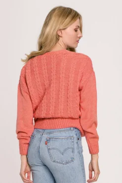 Krótki sweter na zakładkę - koralowy