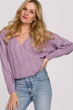 Krótki sweter na zakładkę - liliowy