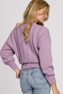 Krótki sweter na zakładkę - liliowy