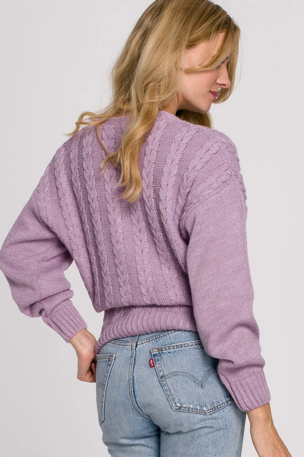 Krótki sweter na zakładkę - liliowy