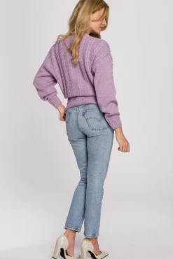 Krótki sweter na zakładkę - liliowy
