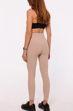 Legginsy prążkowane pushup z wysokim stanem - ciemnobeżowe