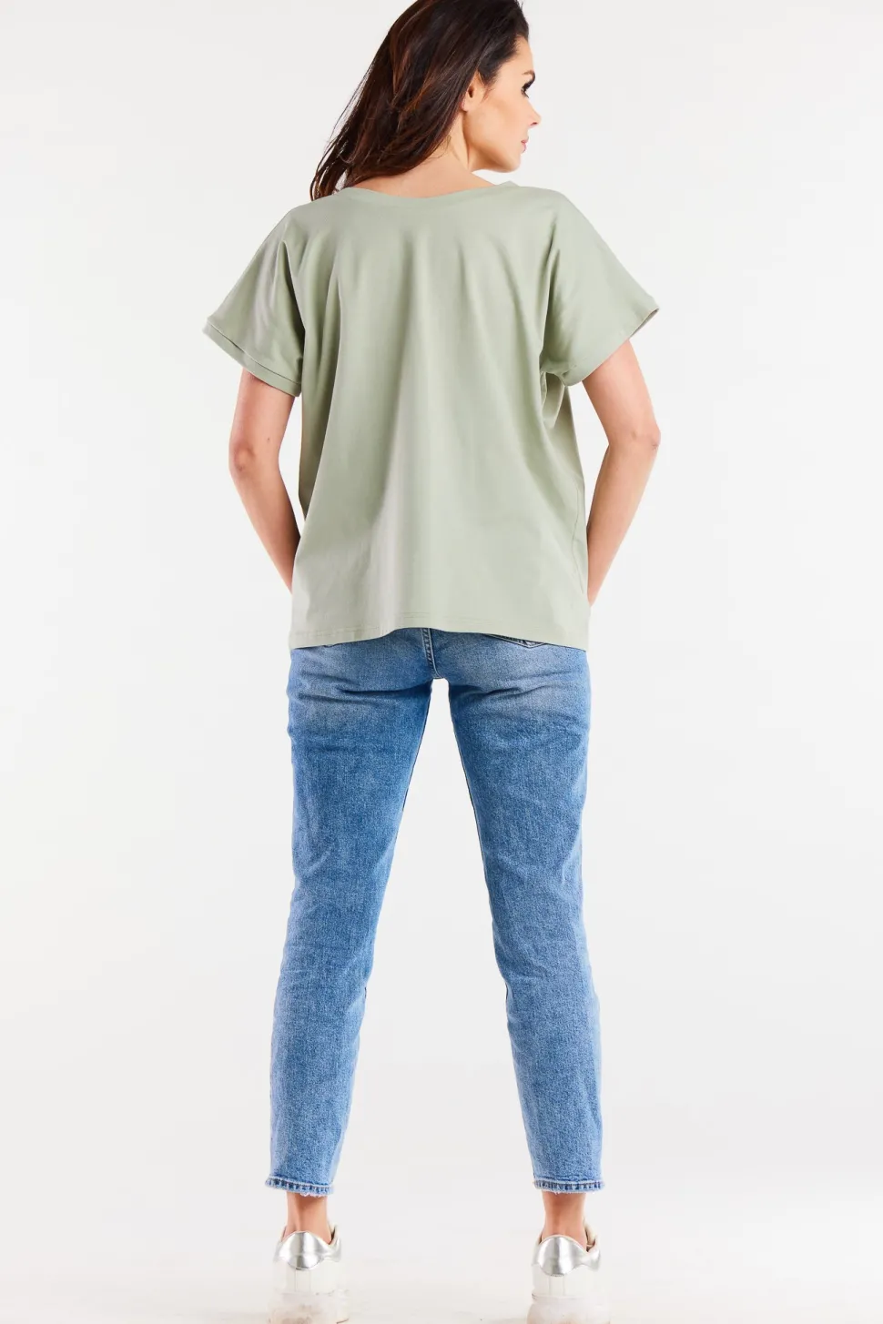 Obszerny t-shirt z dekoltem V - miętowy