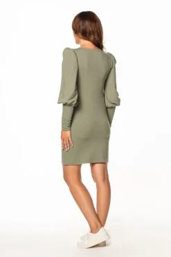 Ołówkowa sukienka mini z bufiastymi rękawami - khaki