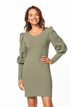 Ołówkowa sukienka mini z bufiastymi rękawami - khaki