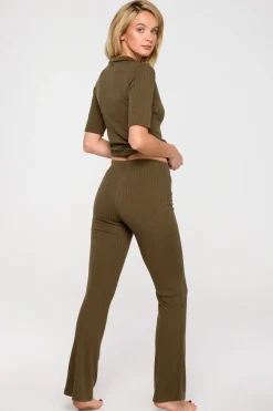 Prążkowane spodnie z poszerzanymi nogawkami - khaki