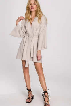 Sukienka kimono z paskiem - beżowa