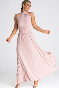 Sukienka maxi z dekoltem typu halter - jasnoróżowa