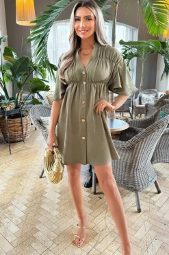 Sukienka mini zapinana na guziki - khaki