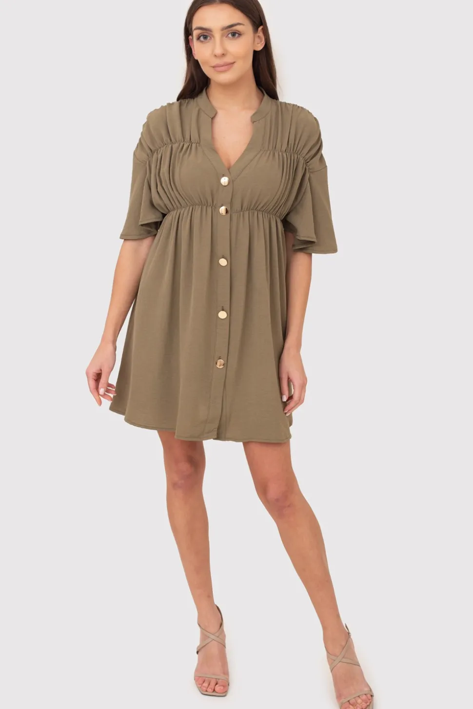 Sukienka mini zapinana na guziki - khaki