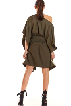 Sukienka oversize z opadającym ramieniem - khaki