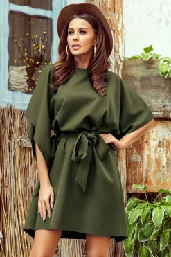 Sukienka z wiązaniem w talii - khaki