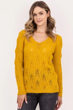 Sweter ażurowy w warkocze – żółty
