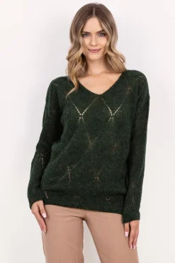 Sweter ażurowy z dekoltem w serek – zielony