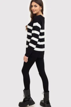 Sweter damski w paski - czarny