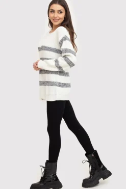 Sweter damski w paski - kremowy