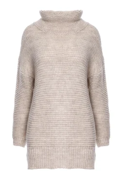 Sweter oversize z golfem - beżowy