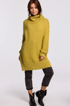 Sweter oversize z golfem - limonkowy