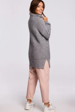 Sweter oversize z golfem - szary melanż