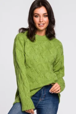 Sweter ze splotem typu warkocz - zielony