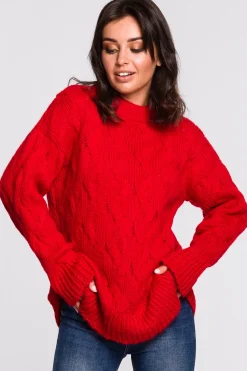 Sweter ze splotem typu warkocz - czerwony